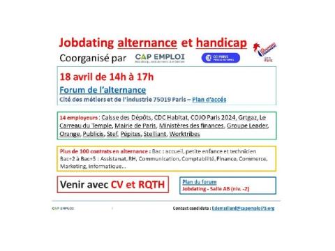Jobdating alternance et handicap coorganisé par Cap emploi et le Club Paris