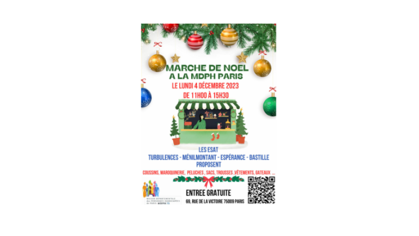 Marché de Noël à la MDPH de Paris le lundi 04 décembre 2023 de 11h00 à 15h30